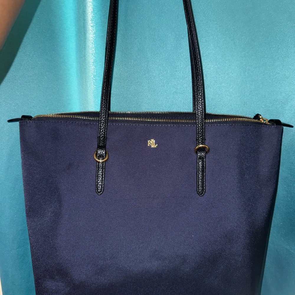 Ralph Lauren Navy Tote with Black Leather Straps and Gold Hardware